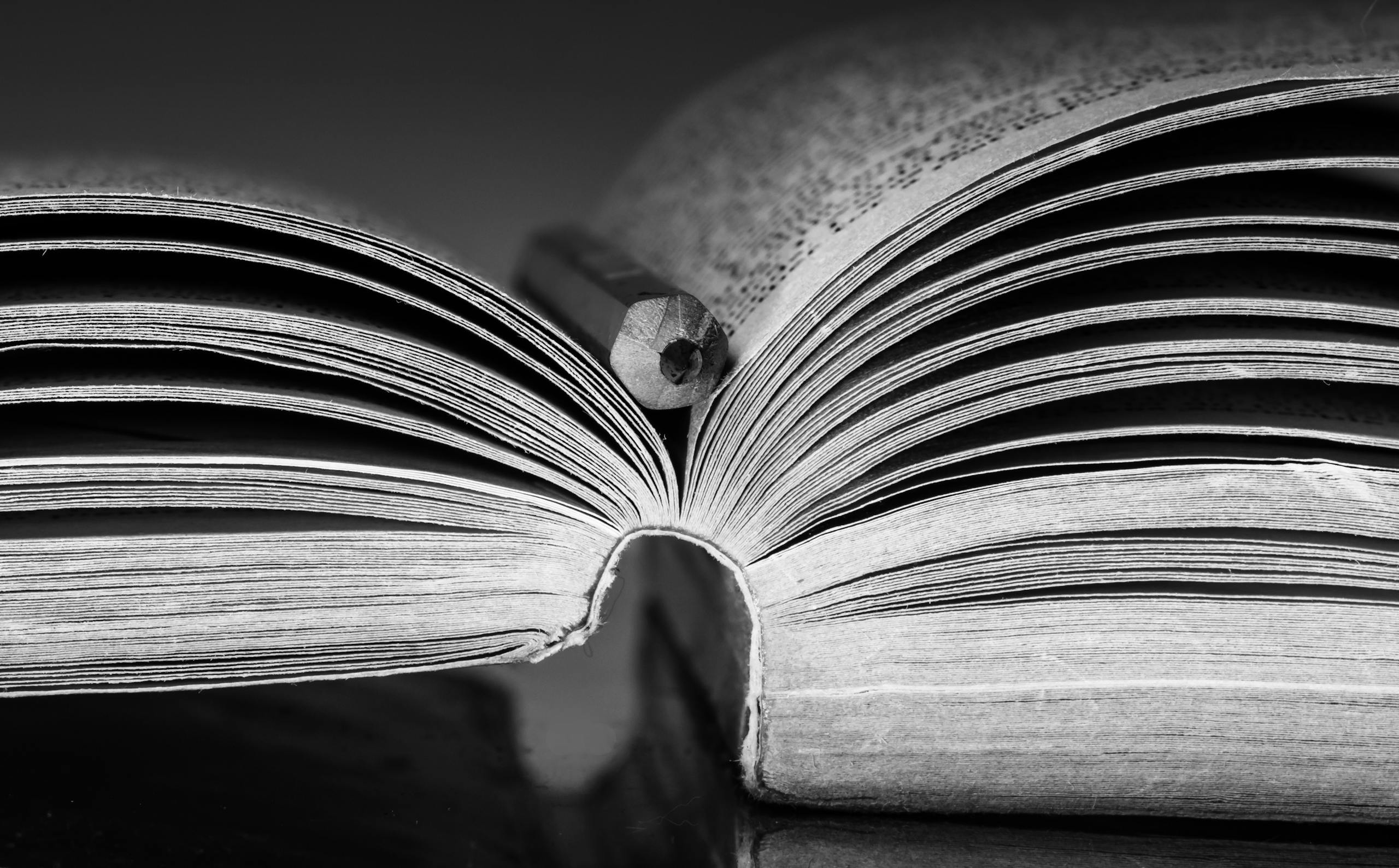 Artistic black and white close-up of an open book with a pencil placed in the middle.