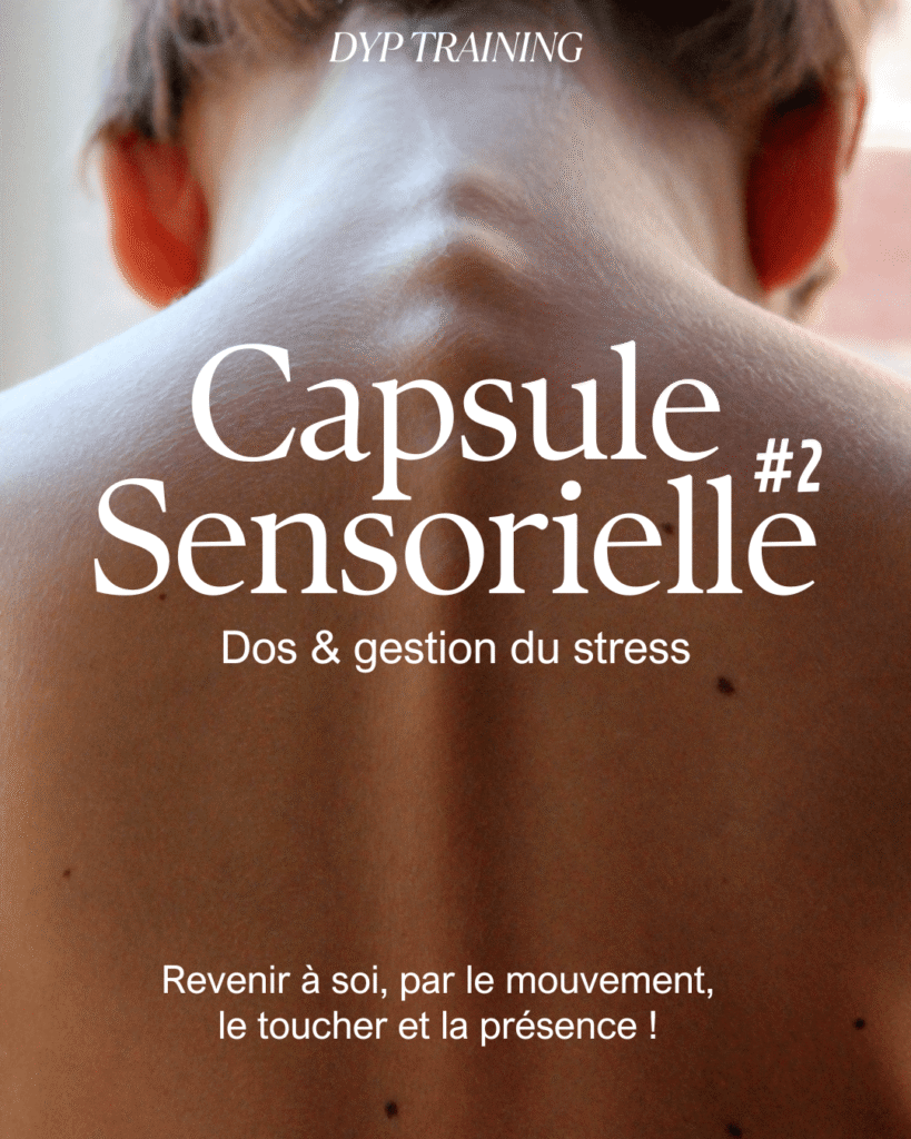 Dos d’un participant en posture d’écoute corporelle lors d’un atelier bien-être DYPTraining